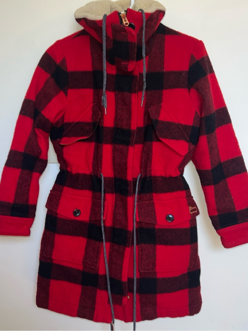 Abercrombie & Fitch Red and Black Buffalo Plaid Hooded Utility Jacket